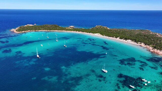 Aerial view of bay with yachts near Capo Coda Cavallo, Sardinia