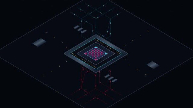 Futuristic Animated Quantum CPU Microchip Loop with Glowing Cyber Circuit Traces and High-Speed Data Stream Lines