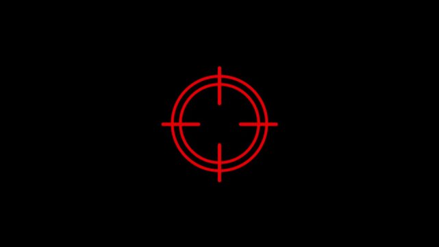 Red targeting reticle expands and contracts on black background . Glowing neon light target icon animation. Military training, Military target icon animation on black background