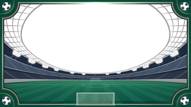 Soccer stadium background frame with bright floodlights and green grass field for sports event design projects