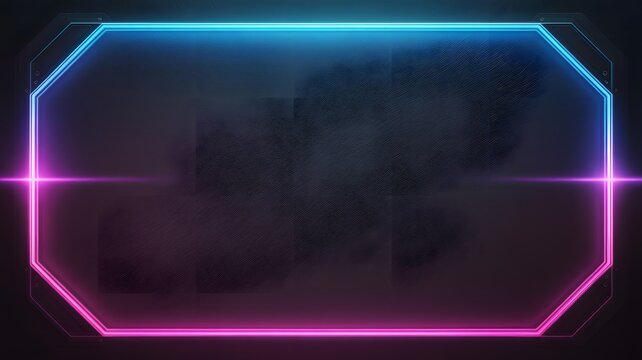 Glowing rectangular frame featuring vibrant cyan and magenta neon lights against a textured dark metallic backdrop