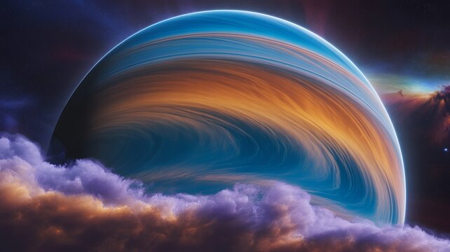 Majestic blue and orange gas giant planet floating above soft luminous nebula clouds in deep space