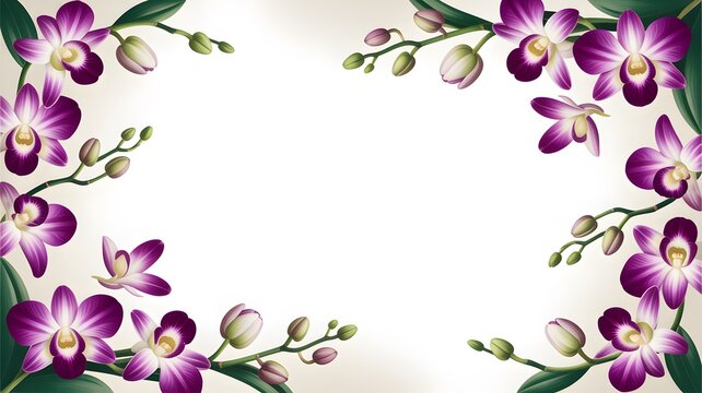 Vibrant purple orchid flowers arranged in a beautiful border frame against a soft neutral creamy background
