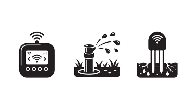 Smart irrigation system and agricultural technology vector icon set in black and white