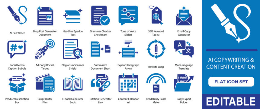 AI Copywriting and Content Creation Icon Set, 21 Artificial Intelligence Vector Symbols