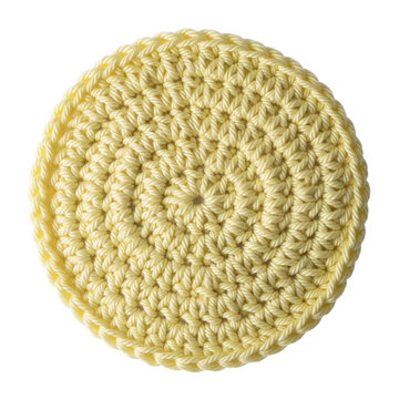 Yellow crochet circle coaster isolated on white background