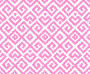 Fototapeta premium Pink ikat seamless pattern vector background, geometric ethnic greek ornament for textile fabric and wallpaper print. Vector background