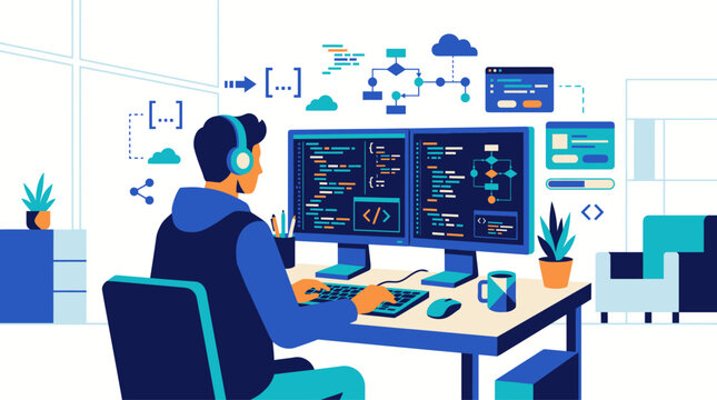 A skilled software developer working in a modern office, programming and writing code on dual monitors