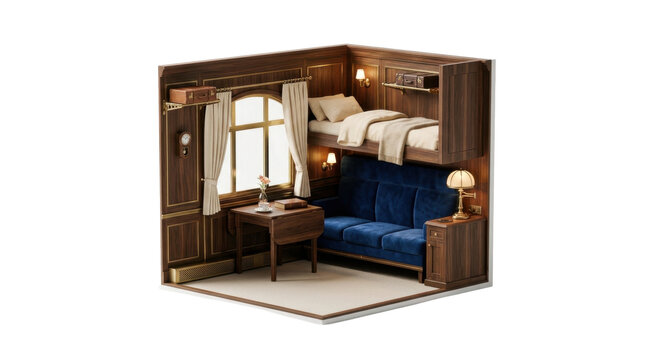 Miniature diorama isometric view showing wooden carriage interior featuring bunk bed blue velvet sofa desk window upholstery