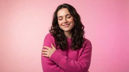 Fototapeta premium A cheerful young woman with closed eyes and a smile, wearing a bright pink sweater, perfect for lifestyle marketing, web banners, and social media campaigns with a warm, inviting mood.