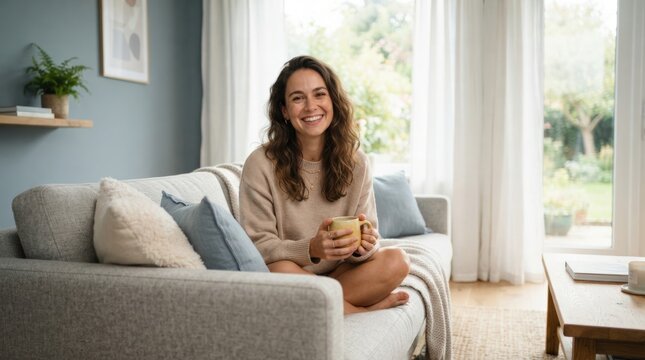 A cheerful woman holding a mug in a bright, modern living room with natural light, perfect for lifestyle marketing, home decor inspiration, and wellness content.