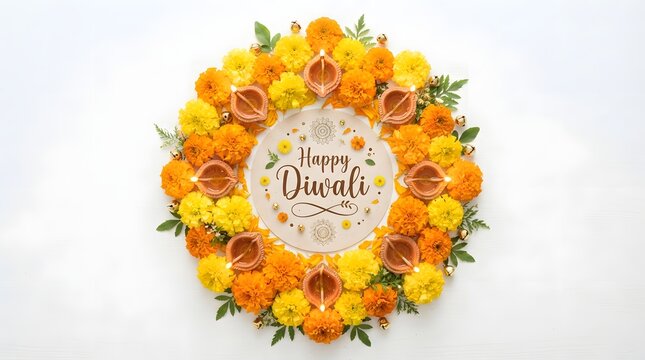 A circular floral rangoli with marigold flowers and diya lamps isolated on white background