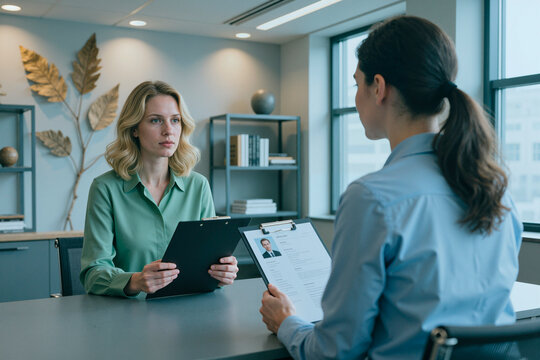 Caucasian young adult woman interviewing female job candidate across office desk, reviewing resume on clipboard. Ideal for recruitment, HR, hiring process, career services