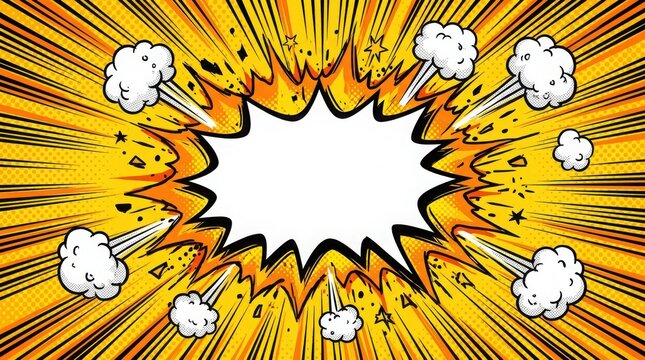 Comic book style explosion background with yellow sunburst rays and white speech bubble space isolated on white background