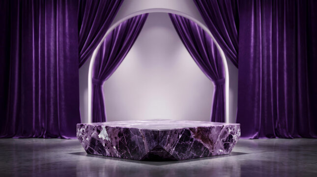 Showcase, Pedestal. product showcase purple marble angular platform pedestal display stage with curtain archway background to feature item 3d