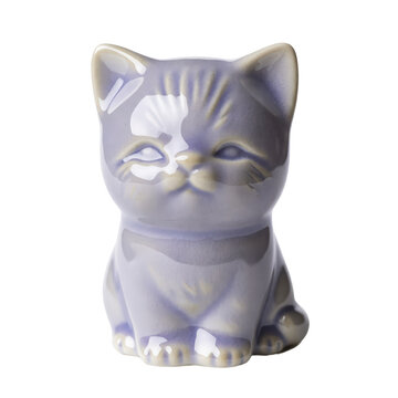 Small purple ceramic cat figurine isolated on white background