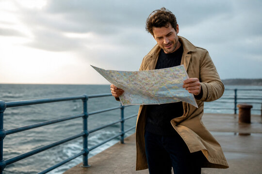 Man studies a folded map on a windy seaside pier, dressed in a trench coat, focused and thoughtful. The open coast, sea spray, and blue horizon convey travel planning, exploration, and outdoor