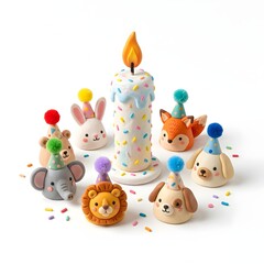 Naklejka premium Handmade clay animal figurines with party hats, miniature birthday cake candle with sprinkles, cute nursery decor and celebration concept