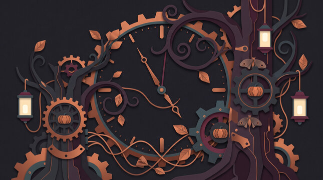 Steampunk Halloween papercraft clock background with gears pumpkins and lanterns