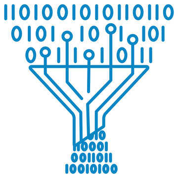 Data compression and digital information stream vector line icon. Funnel with circuit board lines compressing binary code into smaller data size