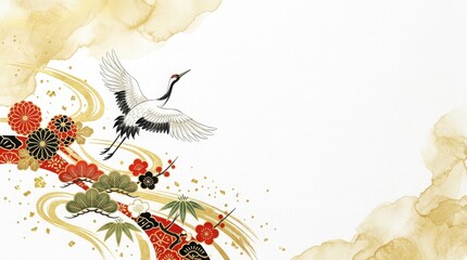 Naklejka premium Traditional japanese style background with a flying crane, floral patterns, and golden brush strokes