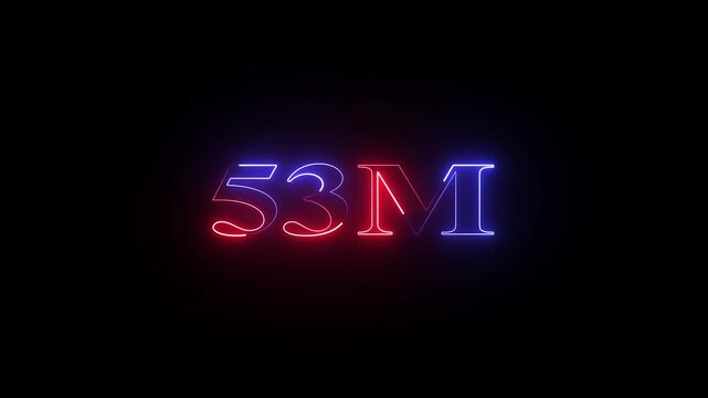 Glowing neon 53 Million achievement animation social media friends, fans or subscribers. Celebrate with your fans.social media milestone motion graphics animation on black background.