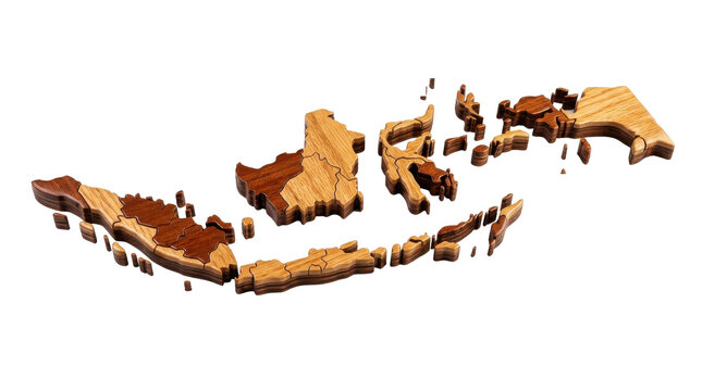 Indonesian archipelago map crafted from carved wooden texture isolated against clean white background representing geography concept