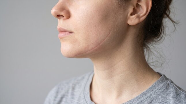 Side profile of woman with linear surgical scar along jawline and cheek