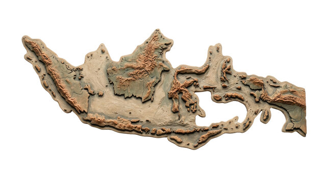 Topographic physical map of indonesia archipelago displaying realistic terrain elevation on clean isolated white background