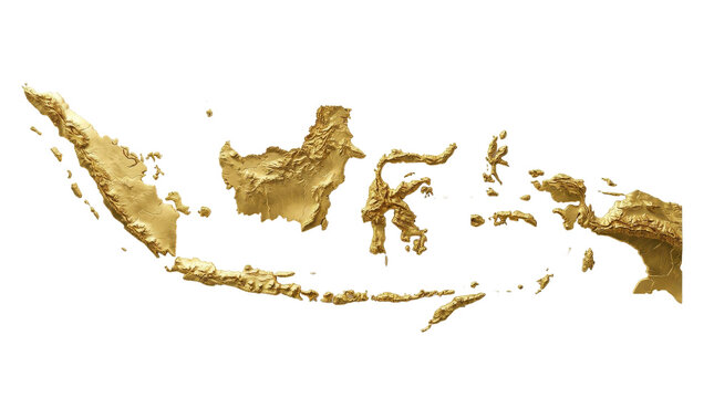 Textured golden relief sculpture depicting indonesian archipelago map isolated against clean white background studio shot