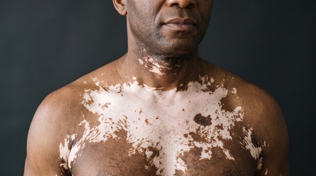 Front view of black man torso showing extensive vitiligo depigmentation patches on skin