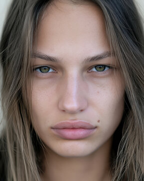 Young woman face closeup, natural makeup, neutral expression, smooth skin, long brown hair, green eyes, beauty portrait