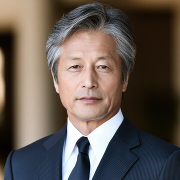 Distinguished Japanese businessman in dark suit silver hair confident expression professional mature indoor leadership executive