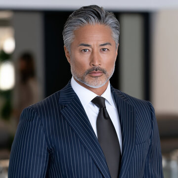 Distinguished Japanese businessman in pinstripe suit with gray hair and beard, confident expression, modern office background