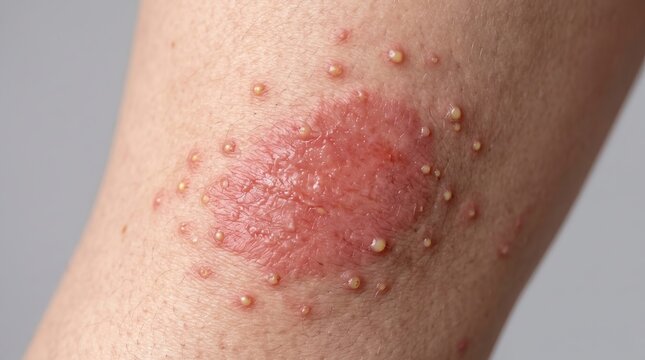 Close up of severe red skin plaque rash with pustules and pustular psoriasis on arm