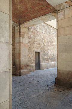 Historic Stone Alleyway Passage in Gothic Quarter Barcelona, Brick Vaulted Ceiling, Medieval Architecture, Alley View