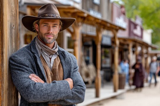 Cowboy standing confidently in a rustic western town during sunny daylight