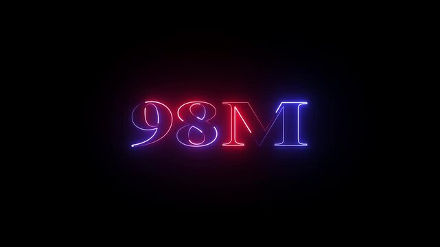 Glowing neon 98 million achievement animation social media friends, fans or subscribers. Celebrate with your fans.social media milestone motion graphics animation on black background.