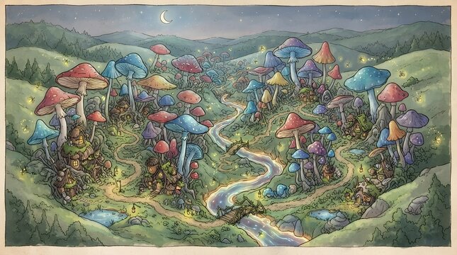 Magical Mushroom Village Fantasy Map Watercolor Art Illustration