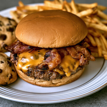 Bacon cheeseburger beef cheddar bun fries cookie lunch meal delicious comfort food on plate with golden fries and chocolate chip cookie