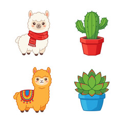 Naklejka premium Cute Cartoon Alpaca Llama Characters with Potted Cactus Succulent Plants