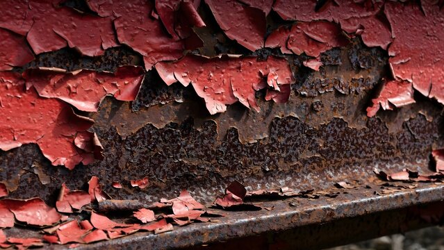 Peeling Industrial Red Paint Texture on Heavy Steel Beams with Cracked Curling Flakes Exposing Dark Iron Rust