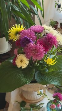 Hand rotates turntable with aster arrangement in ceramic vase framed by hosta leaves. Seasonal local flowers, sustainable floristry practice, home grown blooms, slow craft skills
