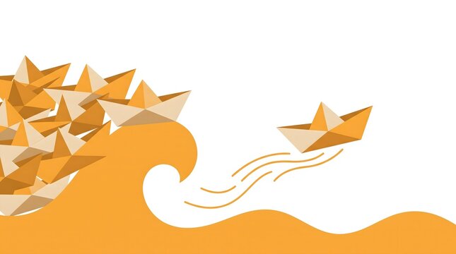Flat digital illustration of a paper boat leading a crowd on abstract waves for leadership