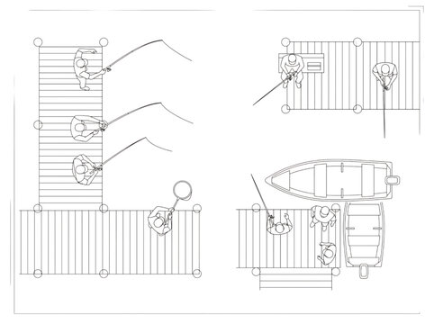 Top view CAD blocks of people fishing from docks with boats and fishing rods architectural set