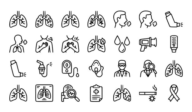 Lung disease editable stroke line icon set featuring COPD cough bronchitis asthma spirometry respiratory diagnosis treatment and pulmonary care