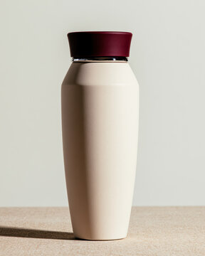 Minimalist cream shaker bottle with maroon lid, modern design, matte finish, standing on textured surface, soft neutral background