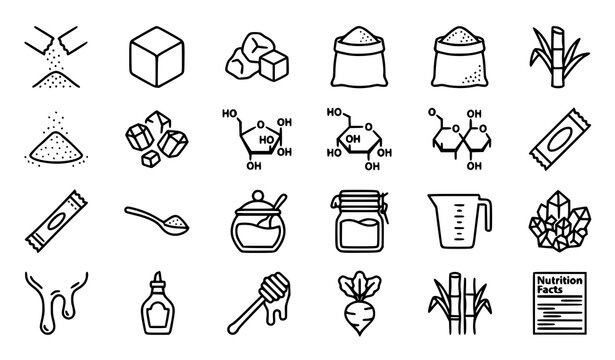Sugar and sweetener editable stroke line icon set featuring granulated refined cane cube powdered fructose glucose saccharide and portioned sugar