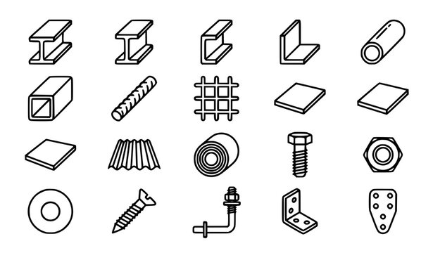 Metal construction materials editable stroke line icon set featuring steel beams pipes profiles reinforcement sheets fasteners and industrial hardware
