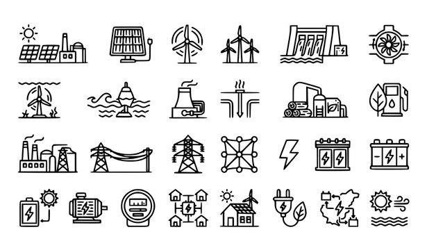 Renewable energy power generation editable stroke line icon set featuring solar wind hydro tidal geothermal biomass electricity stations and clean technology